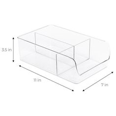 a clear plastic storage container with measurements for the bottom and side compartments on each side