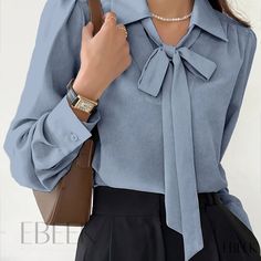 Ebeek - Womens Solid Tie-Front Blouse with Elegant Long Sleeves Simple Blouse, Tie Neck Blouse, Tie Front Blouse, Contrast Collar, Formal Looks, Collar Blouse, Pastel Blue, Summer Fall, Skirt Fashion