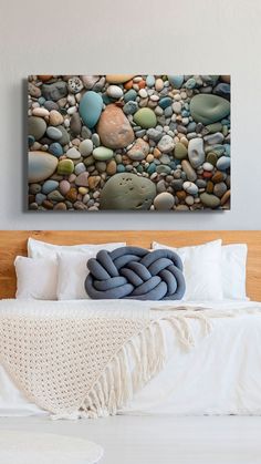 a bed that has some rocks on it