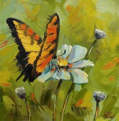 an oil painting of a butterfly on a flower