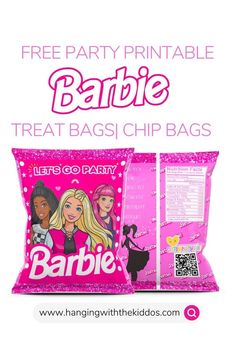 barbie party printable treat bag with pink background and text that reads, free party printable