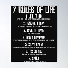 a black and white poster with the rules of life