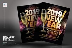 two new year party flyers with champagne glasses