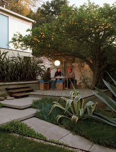 two people sitting at a table in the middle of a garden with trees and plants