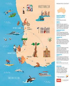 an illustrated map of australia with all the major tourist attractions and places to see on it