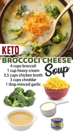 broccoli cheese soup recipe in a bowl, with ingredients to make it easy and delicious