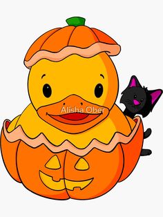 a cartoon duck in a pumpkin costume with a black cat sitting on it's back