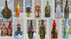 there are many different bottles that have flowers on them in the same color and shape