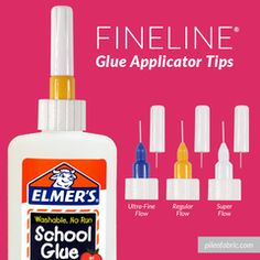 a bottle of school glue sitting on top of a pink background with the words, fineline glue applicator tips