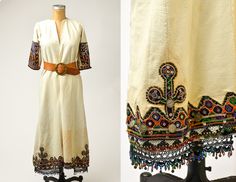 "Antique Balkan Folk Dress Heavy Embroidered Bavarian Bell Sleeve Costume Dress This dress is stunning. So many details. Heavy natural linen with intricate hand embroidery. Good vintage condition overall, some expected toning and some scattered stains to natural areas. Measurements  shoulders: 13.5\" bust: 38\" sleeve: 14.5\" hips: 46\" length: 49\"" Folk Dress, Folk Dresses, Costume Dress, Blue Denim Jeans, Dress Clothes For Women, Natural Linen, Bell Sleeve, Hand Embroidery, Bell Sleeves