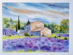 a watercolor painting of a lavender field with a barn in the distance and trees