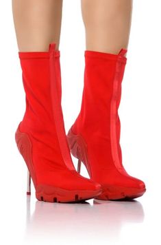 AZALEA WANG WILBER BOOTIE WITH STRETCH NEOPRENE IN RED Azalea Wang, Stiletto Heel, Mid Calf, Bootie, Stiletto Heels, Ribbon, Heels, Red, Avant Garde