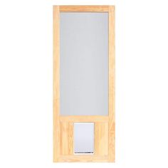 a wooden door with a glass window on the front and side panels in light wood