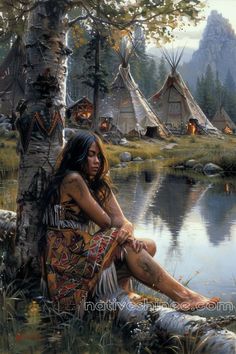 a painting of a native american woman sitting next to a lake