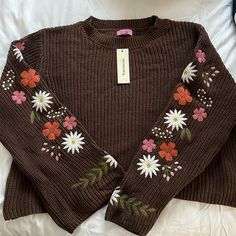 Size Small Brown Slightly Cropped Sweater With Colorful Flower Detail On The Sleeves, Tag Still On! Fairy Sweater, Fairy Academia, Flower Sleeves, Shein Sweater, Flower Sleeve, Deep Autumn, Embroidery Sweater, Cute Nike Shoes, Hem Sweater