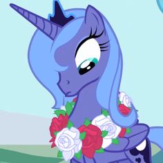 a blue pony with flowers around its neck and eyes looking at the camera while standing in front of a sky background