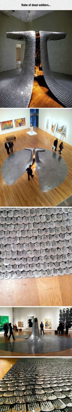 three different views of an art gallery with various sculptures on the floor and in the middle