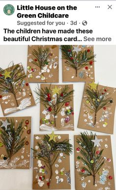 christmas cards made out of brown paper and decorated with pine branches