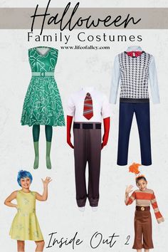 three children's halloween costumes are shown in different colors and sizes, including one boy wearing