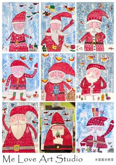 several pictures of santa clauss with different designs on them and the words me love at studio