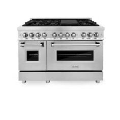 an oven with four burners and two doors on the front, in stainless steel