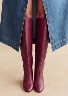 Amandine Boots - Smooth Burgundy  - Sézane Tall Brown Boots With Dress, Burgundy Knee Boots, Knee High Red Boots Outfit, Red Dress With Boots, Burgundy Knee High Boots, Red Heel Boots, Statement Boots, Red Leather Boots