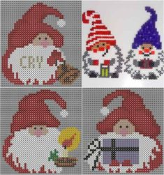 four different pictures of gnomes with santa hats