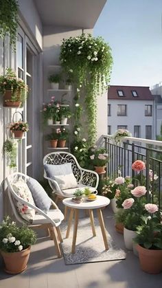 an outdoor balcony with potted plants and chairs