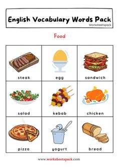 an english word worksheet with pictures of food