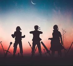 silhouettes of three people standing next to each other with the moon in the background