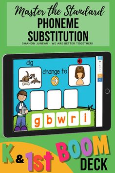 image of an ipad showing two pictures. Students will need to look at both pictures and then change one letter to build the new word focusing on phoneme substitution Phoneme Substitution, Kindergarten Literacy Centers, Cvc Word Practice