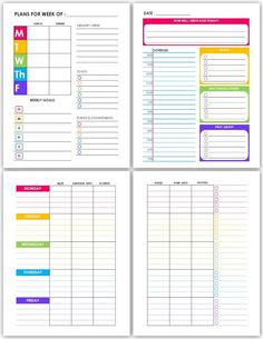 four printable planner pages with colorful lines