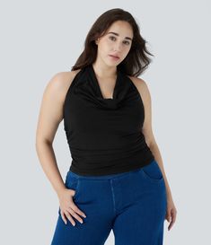 Discover Women’s Halter Cowl Neck Backless Ruched Casual Plus Size Tank Top at Halara, Crowd-Approved Affordable Choices Made For What Moves You. Plus Size Tank Top, Plus Size Tank Tops, Cowl Neck, New Black, Tank Top, Plus Size, Tank Tops