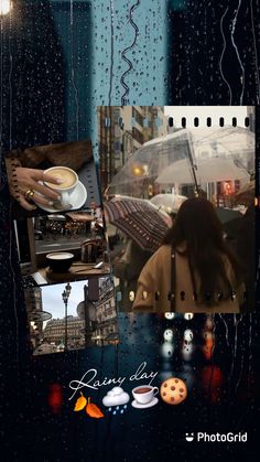 a collage of photos with people holding umbrellas in the rain and coffee cups