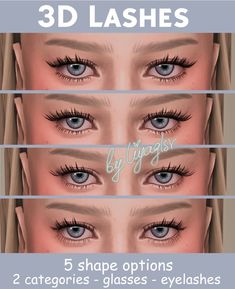 three different types of eyelashes with the text, 3d lashes by lily's eyes