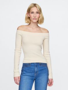 Soft knit top.  Off-the-shoulder neckline.  Long sleeves.  Responsible Wool Standard certified.  Fit: Close to the body.  Hits at the hip.  Models wearing Gap Coquette Winter, Coquette Clothes, 2024 Style, Love Jeans, Off Shoulder Sweater, Closet Inspiration, Marine Biology, My Dream Wardrobe, Shoulder Sweater