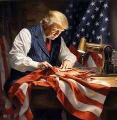 a painting of a man sewing on an american flag cloth with a sewing machine in front of him