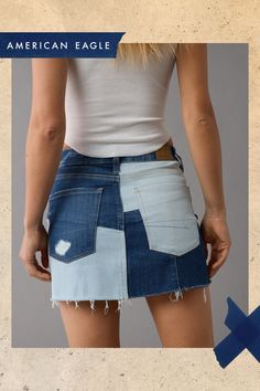 Our softest, stretchiest, never-loses-its-shape denim/Super soft inside and out, comfortable and lightweight/Patchwork design/Front & back pockets/This skirt is Real Good: Made with the planet in mind & a promise to continue to do better. Affordable Blue Patchwork Denim Skirt, Summer Denim Patchwork Mini Skirt, Blue Patchwork Mini Denim Skirt, Patchwork Denim Mini Skirt, High-waisted Denim Patchwork Skirt, Bra Top Dress, Aerie Bras, White Jeans Men, Athletic Fit Jeans