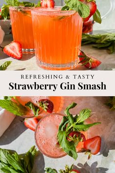 refreshing and tasty strawberry gin smash cocktail with fresh strawberries on the rims