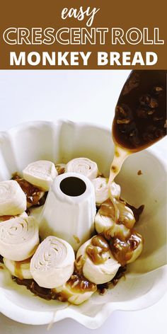 a white bowl filled with sliced bananas and sauce being poured over them to make an easy crescent roll monkey bread recipe