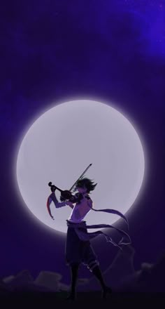 a woman holding a bow and arrow in front of a full moon with purple clouds