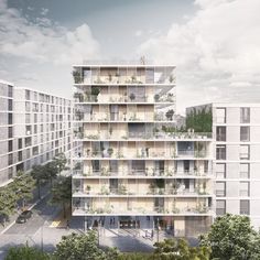 an apartment building with many balconies and plants growing on it