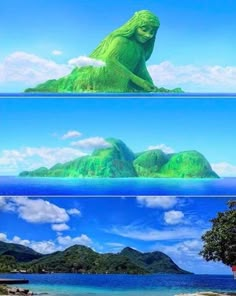 two pictures of the same creature in different places, one is green and the other is blue