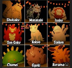 the pokemon characters are all in different colors and sizes, with their name written on them