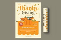 a thanksgiving flyer with an orange background and a roll of paper next to it that says thanks giving