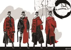 three men dressed in red and black standing next to each other with swords on their heads