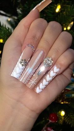 White Xmas Nails, Hoilday Nails, Season Nails, Purple Acrylic Nails, Glamour Nails, White Acrylic Nails