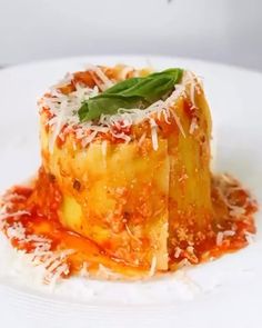 a white plate topped with lasagna covered in sauce and parmesan cheese