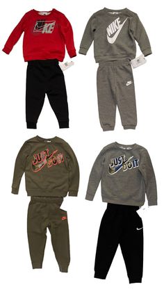 New with Tags Nike Baby/Toddlers Boy's Hooded or Non-Hooded Sweatshirt & Jogger Sweatpants Sets Regular & FRI-FIT FEATURES: Most sets were purchased as separate items and matched as sets, giving you a unique set instead of mass produced pre-made one MSRP: $44.00 - $86.00 Get your top quality sets here!!! Green hoodie has no tags, but is new & in mint condition AVAILABLE SIZES: 12 Months = 29-31.5” / 22.5-25 Lb 18 Months = 31.5-34” / 25.5-28 Lb 24 Months = 34-36” / 28.5-30 Lb 2T = 1-2 Years 3T = 2-3 Years 4T = 3-4 Years 4 = 3-4 Years COLOR DESCRIPTION & FABRIC: 1) Blue "Nike Air" zip-up hoodie with pockets, plus Black joggers; 60% cotton 40% polyester 2) Black wavy grid zip-up track jacket with Black sleeves, pockets & Lime Green NIKE & swoosh, plus lightweight Black fleece lined joggers wi Casual Winter Sports Sets, Winter Sports Cotton Sets, Fall Sports Sets Sportswear, Fall Sportswear Sets For Sports, Sporty Fleece Sets For Fall, Casual Playwear Sets For Winter, Casual Winter Playwear Sets, Nike Cotton Sportswear Sets, Long Sleeve Sports Sets For Fall