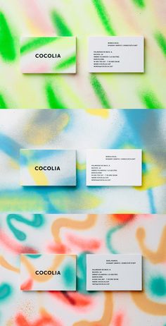 three business cards with the word cocolia printed on them, all in different colors